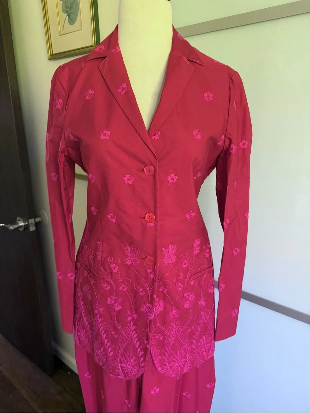 Vintage Romeo Gigli Magenta Floral Embroidered Blazer and Pants Coord Set  NWT
